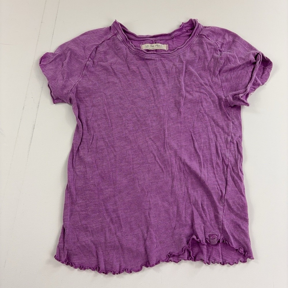 We The Free T-Shirt Womens L Purple Crew Neck Short Sleeve Ruffle Hem Jersey Top